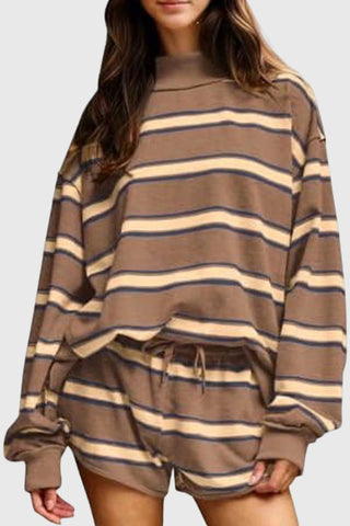 Striped Mock Neck Long Sleeve Short Set
