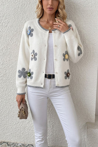 Floral Applique Button-Front Knit Cardigan