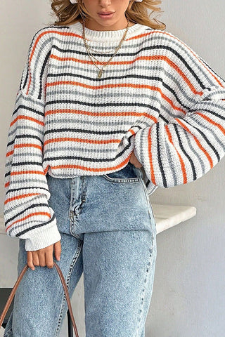 Striped Crew Neck Drop Shoulder Sweater