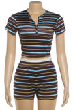 Striped Short-Sleeve Crop Top and Shorts Set