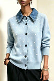 Polka Dot Knit Cardigan with Denim Collar