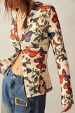 Butterfly Print V-Neck Button-Front Blouse