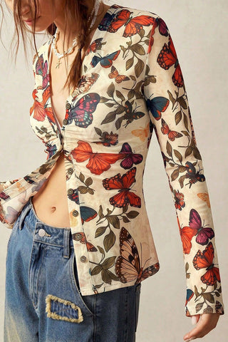Butterfly Print V-Neck Button-Front Blouse