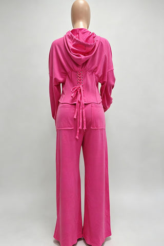 Hooded Lace-Up Back Long Sleeve Pants Set