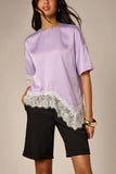 Satin Crew Neck Lace Trim T-Shirt