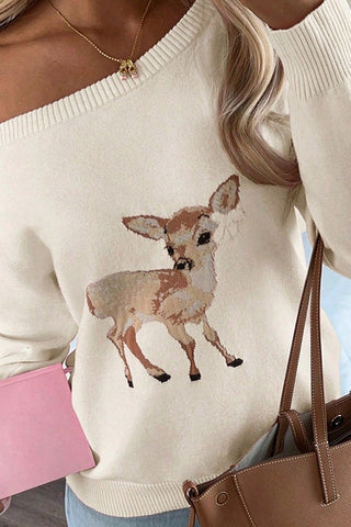 One-Shoulder Fawn Intarsia Knit Sweater