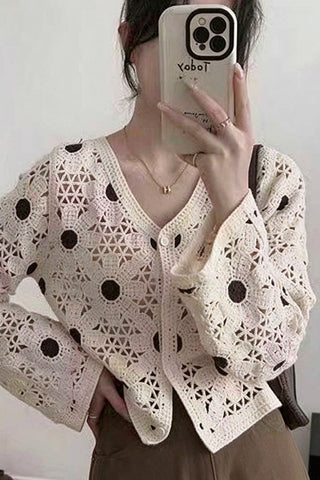 Crochet Polka Dot V-Neck Cardigan