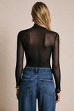 Sheer Mesh Ruched V-Neck Long Sleeve Bodysuit