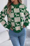 Reindeer Checkered Crew Neck Knit Sweater