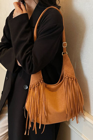 Fringe Detail Suede Hobo Bag
