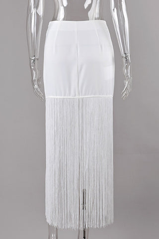 Fringe Hem High-Waist Midi Skirt