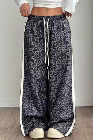 Leopard Print Side Stripe Drawstring Casual Pants
