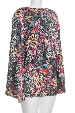 Animal Print Bell Sleeve Mini Casual Dress