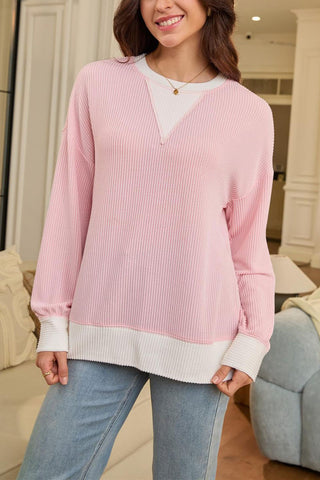Textured V-Neck Color Block Sweatshirt