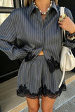 Strip Button-Front Lace Trim Short Set