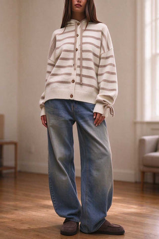 Striped Hooded Button-Front Knit Cardigan