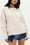 Cable Knit Crew Neck Sweater with Pockets