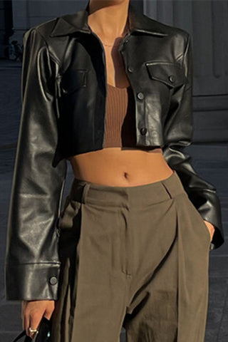 Cropped Faux Leather Button-Front Jacket