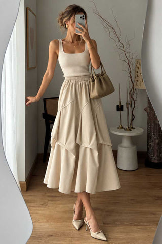 Smocked Waist Tiered Ruffle Midi Skirt