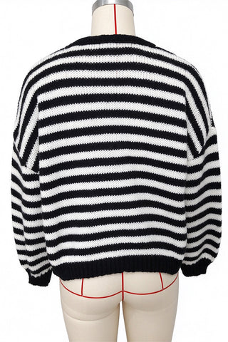 Striped V-Neck Button-Front Knit Cardigan