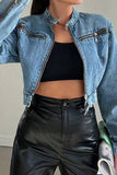 Zippered Collarless Crop Denim Jacket
