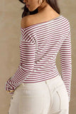 Striped One-Shoulder Ribbed Long Sleeve Top