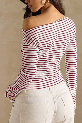 Striped One-Shoulder Ribbed Long Sleeve Top