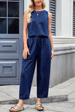 Sleeveless Plaid High-Waist Pants Set