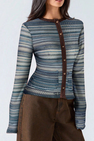 Striped Knit Button-Front Cardigan