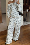 Polka Dot Off-Shoulder Long Sleeve Pants Set