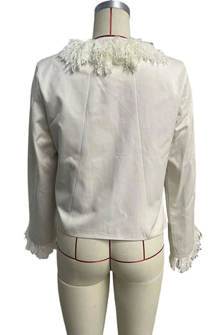 Fringe Trim Open Front Long Sleeve Jacket