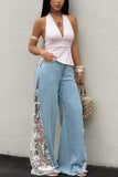Sheer Floral Lace Side Wide Leg Jeans