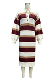 Striped Ribbed Knit Polo Midi Dress