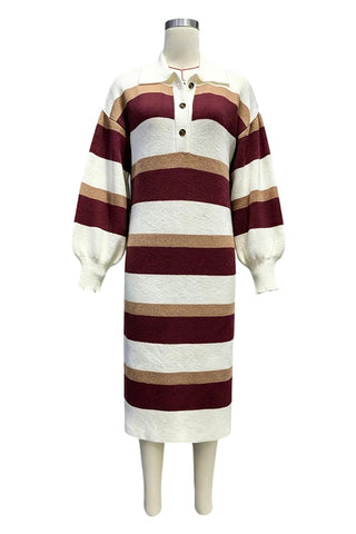 Striped Ribbed Knit Polo Midi Dress