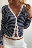 Striped Lace Trim V-Neck Blouse