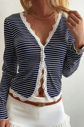 Striped Lace Trim V-Neck Blouse