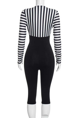Striped V-Neck Lace-Up Bodycon Romper