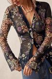 Sheer Floral Print Button-Front Blouse
