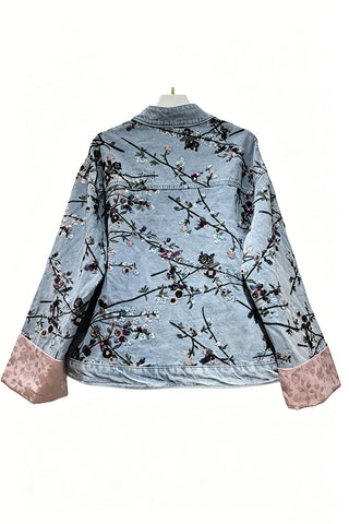 Floral Mandarin Collar Denim Jacket