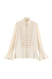 Mock Neck Bell Sleeve Military Blouse