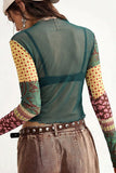 Sheer Mesh Floral Patchwork Mock Neck Top