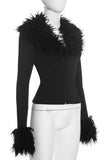 Fuzzy Trim Zip-Front Long Sleeve Top