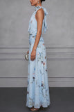 Floral Halter Ruched Maxi Dress