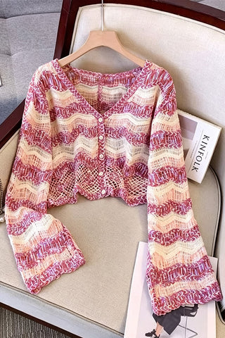 Wavy Knit V-Neck Button-Front Cardigan