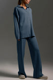 Knit Collared Top and Wide-Leg Pants Set