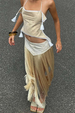 Halter Tassel Detail Skirt Set