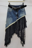 Asymmetric Denim Lace Overlay Midi Skirt