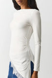 Ruched Long Sleeve Lace Trim Top