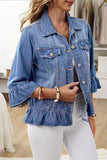 Ruffle Hem 3/4 Sleeve Denim Jacket
