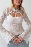 Lace Bell Sleeve Tie Neck Cutout Blouse